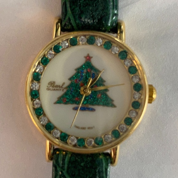 Vintage Pearl Quartz Leather & Crystal Christmas Tree Watch main image 5
